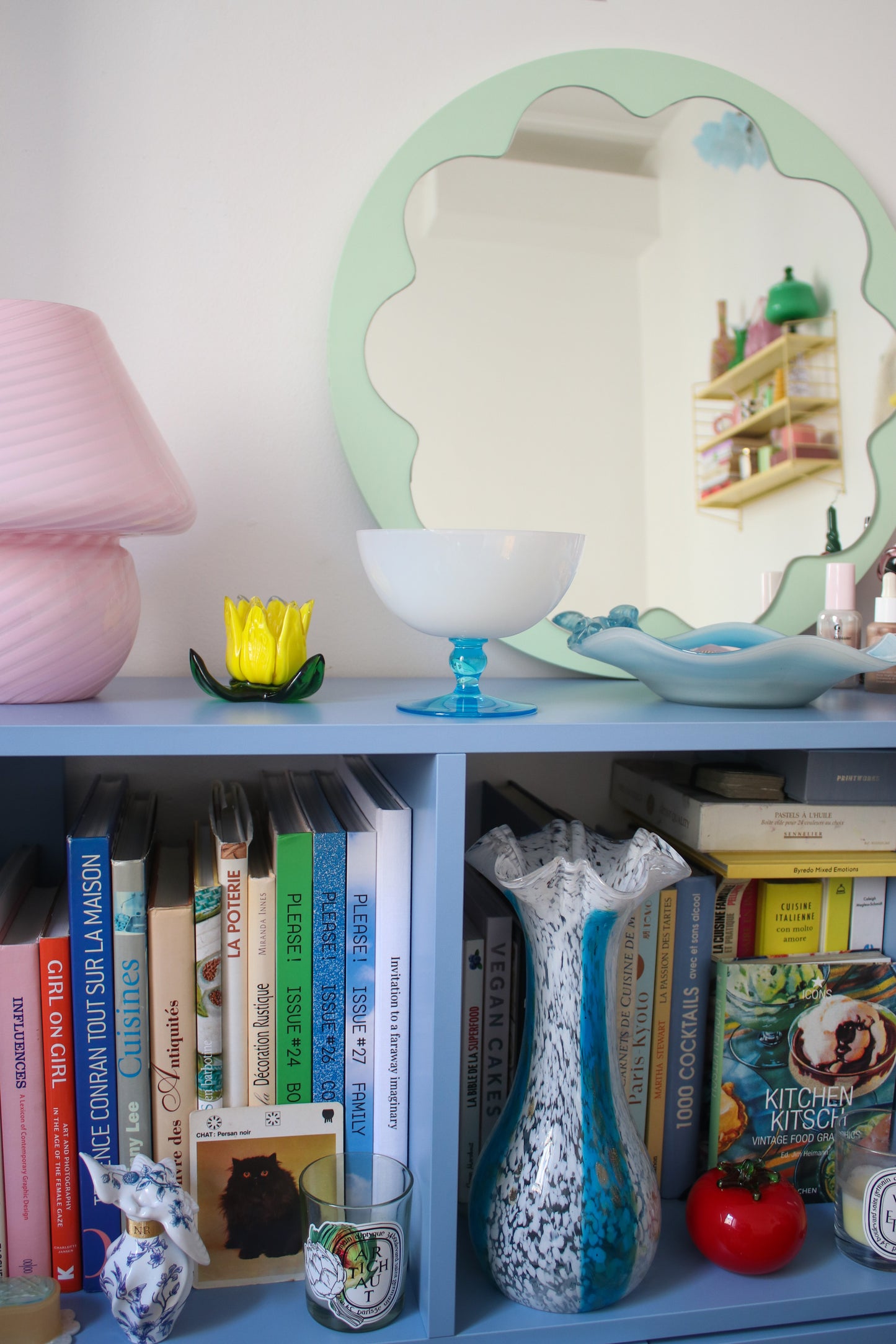 White opaline bowl with blue foot