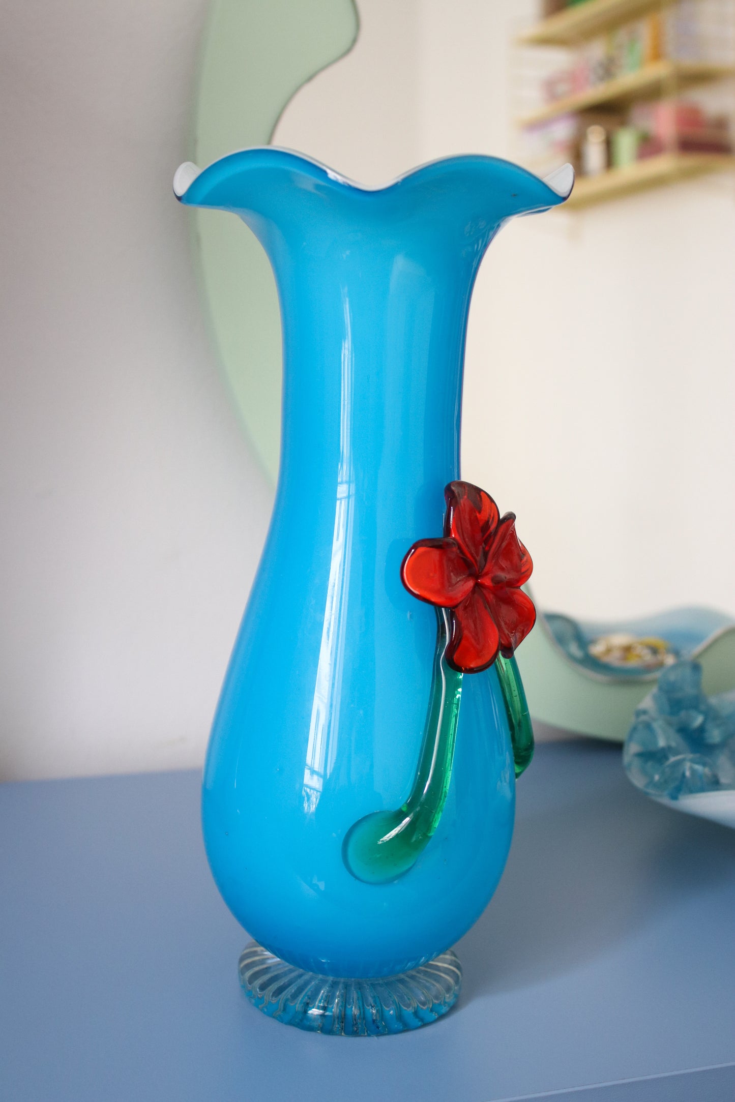 Murano blue vase red flower